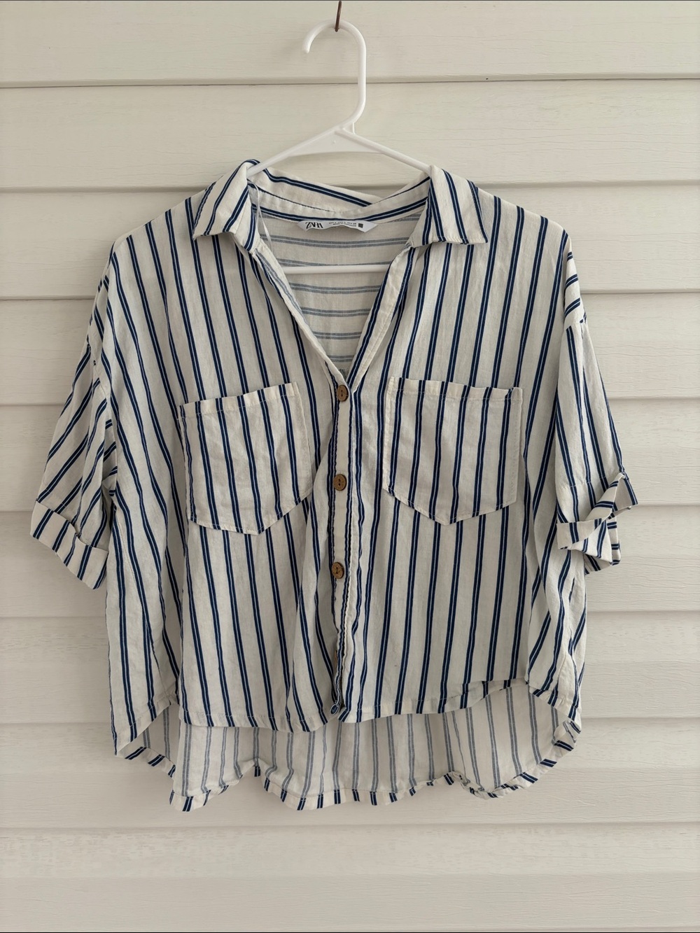 Zara Blue White Striped Cropped Button Down Shirt Nautical Coastal